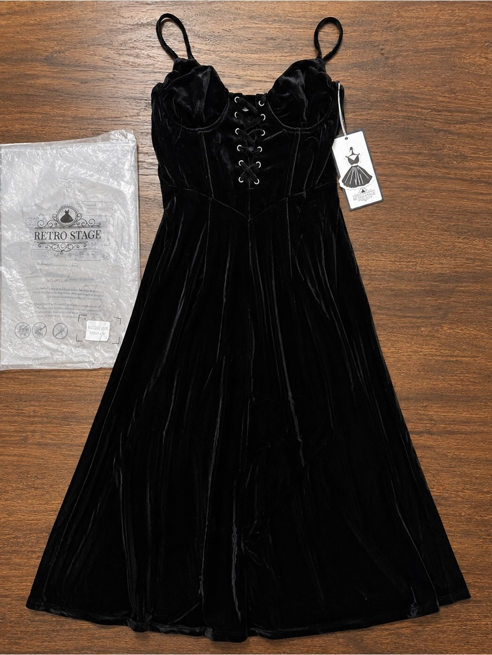 Retro Stage Black Velvet Corset Lace-Up Midi Dress Women’s M NWT